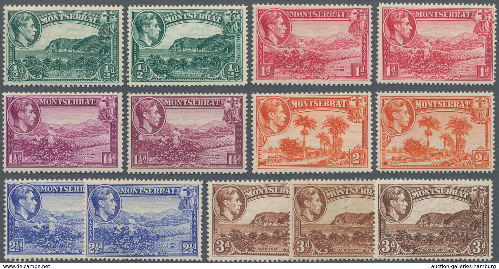 Montserrat: 1938/1949, KGVI Pictorial Definitives Complete Set Of 12 And Additional Different Perfor - Sonstige & Ohne Zuordnung