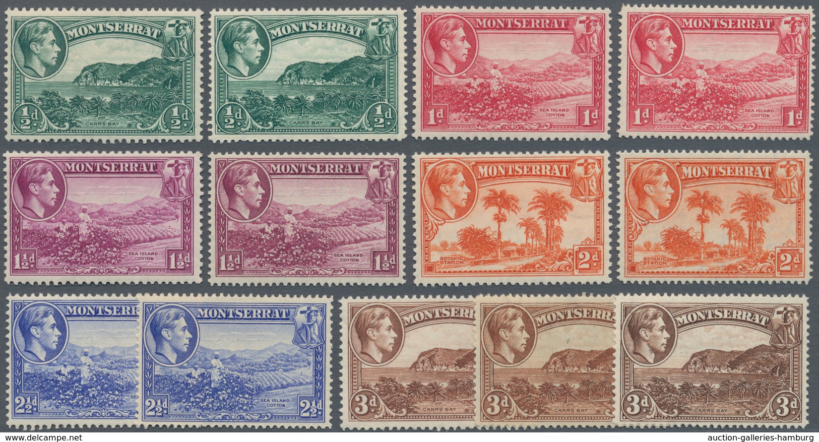 Montserrat: 1938/1949, KGVI Pictorial Definitives Complete Set Of 12 And Additional Different Perfor - Autres & Non Classés