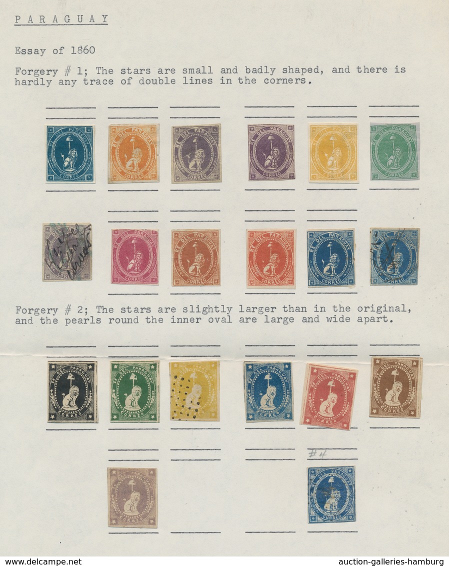 Paraguay: 1860, Unadopted Essays For The First Issue. Study Of 54 Stamps In Different Colours, Most - Paraguay