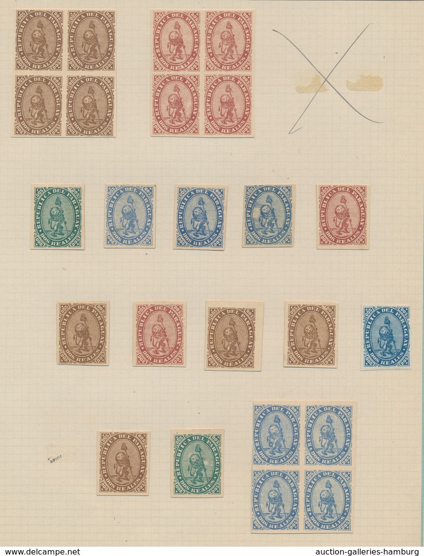 Paraguay: 1870, first "lion" issue, colour proofs of the imperforate Dos Reales reprints, 113 items