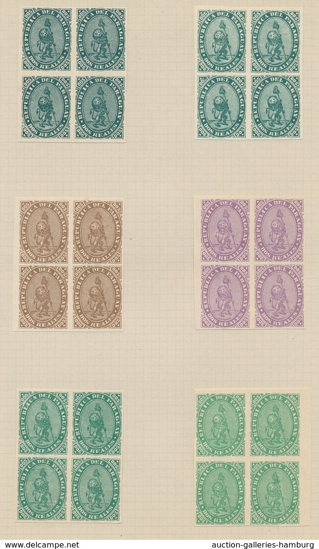 Paraguay: 1870, first "lion" issue, colour proofs of the imperforate Dos Reales reprints, 113 items