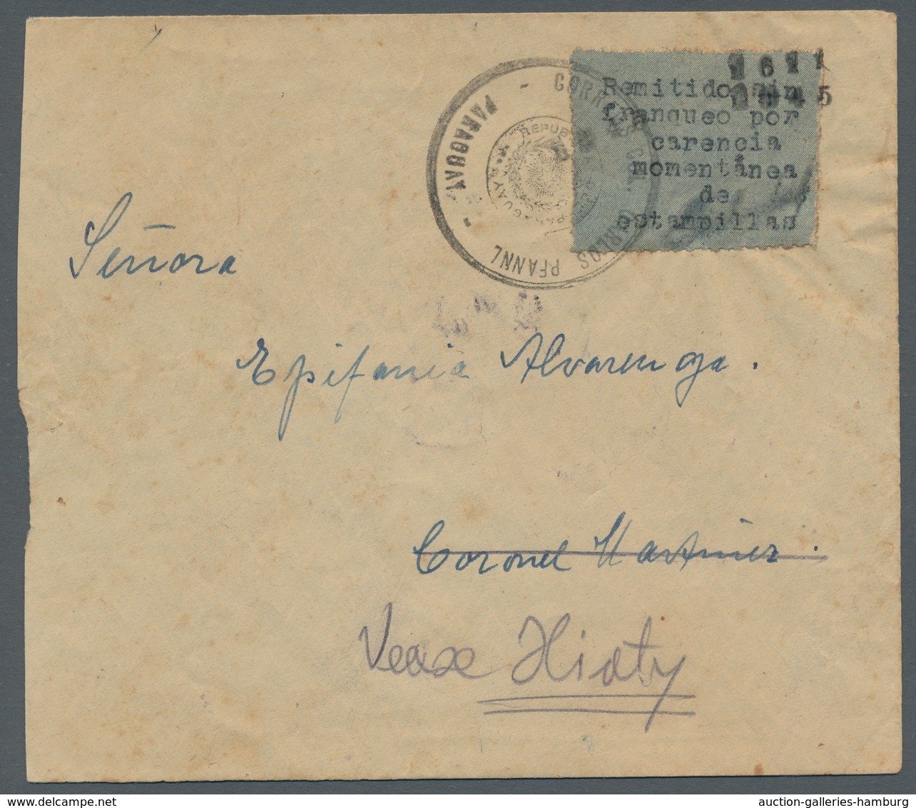 Paraguay: 1929, Carlos Pfannl Provisional Stamp Used On Domestic Cover To Hiaty With Arrival Postmar - Paraguay