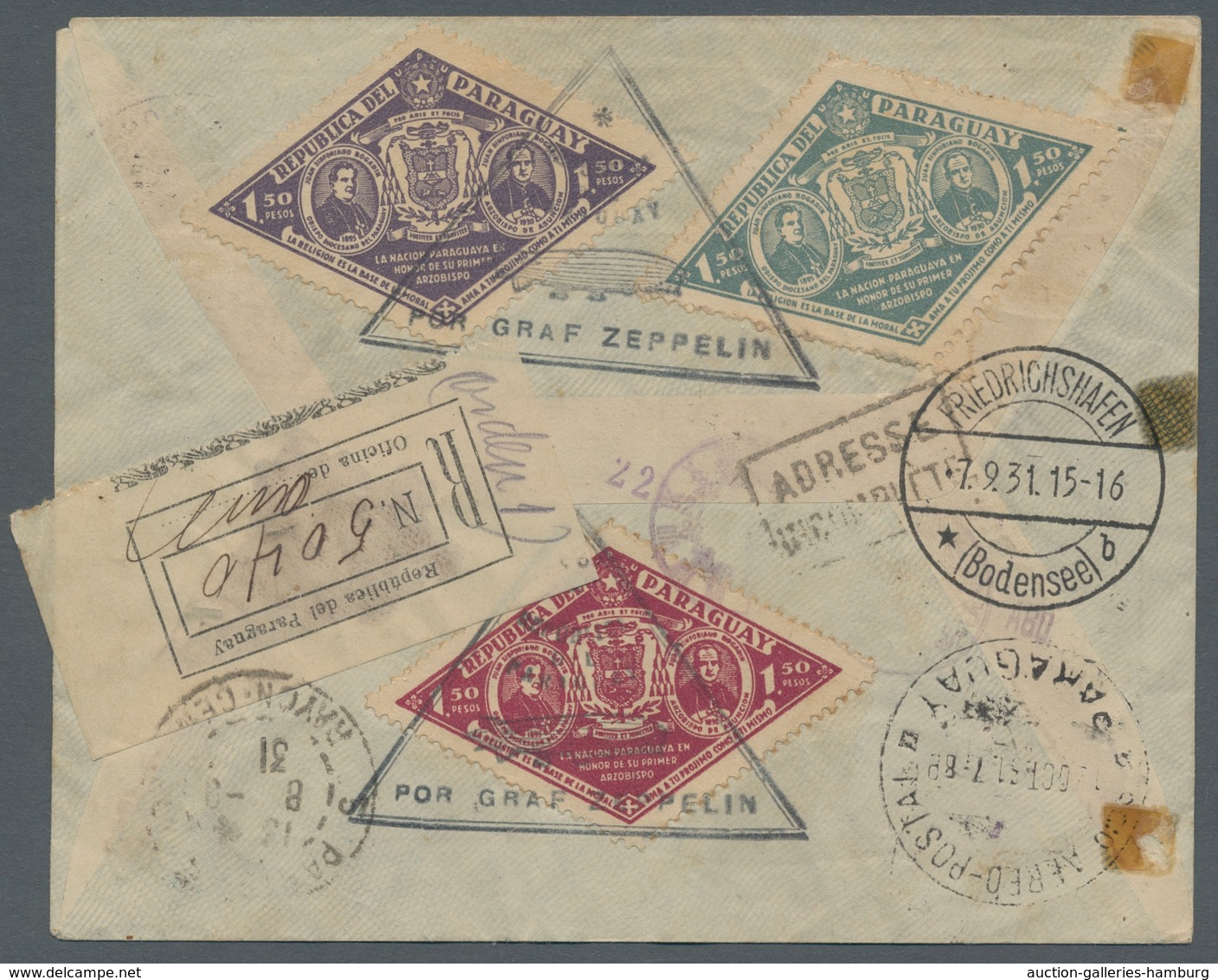 Paraguay: 1931-32, 3 Zeppelin Covers With Good Frankings Incl. 1931 Pairs Of 3P./4P. And 4P. Light B - Paraguay
