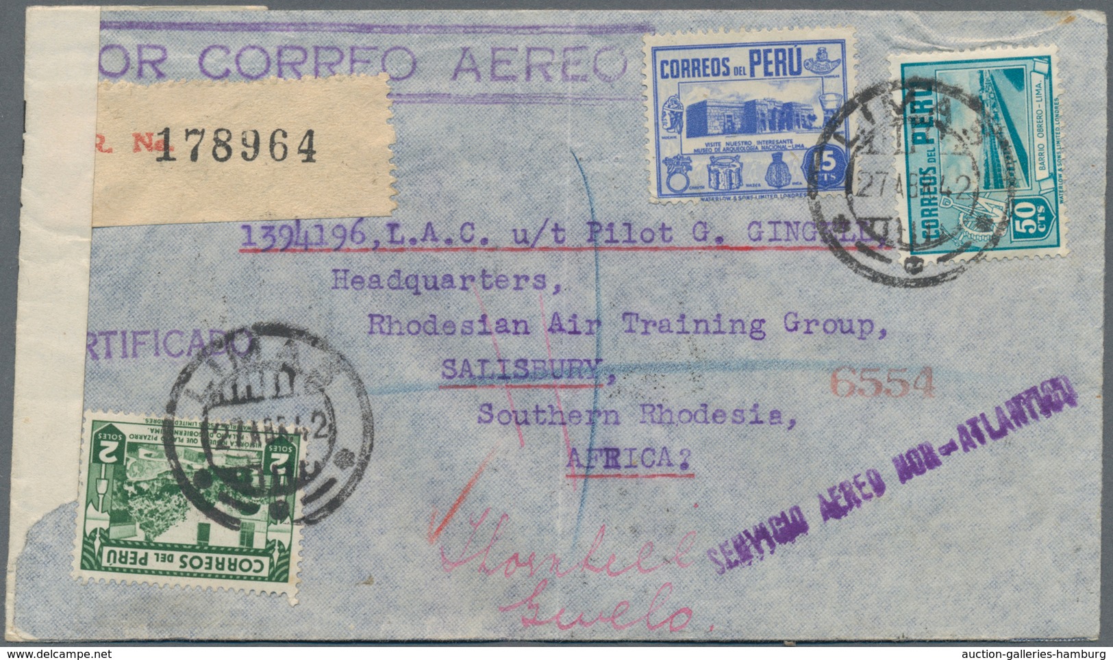 Peru: 1942, 2 Airmail Covers From LIMA To A Pilot At "Rhodesian Air Taining Group" In Salisbury, Sou - Perú