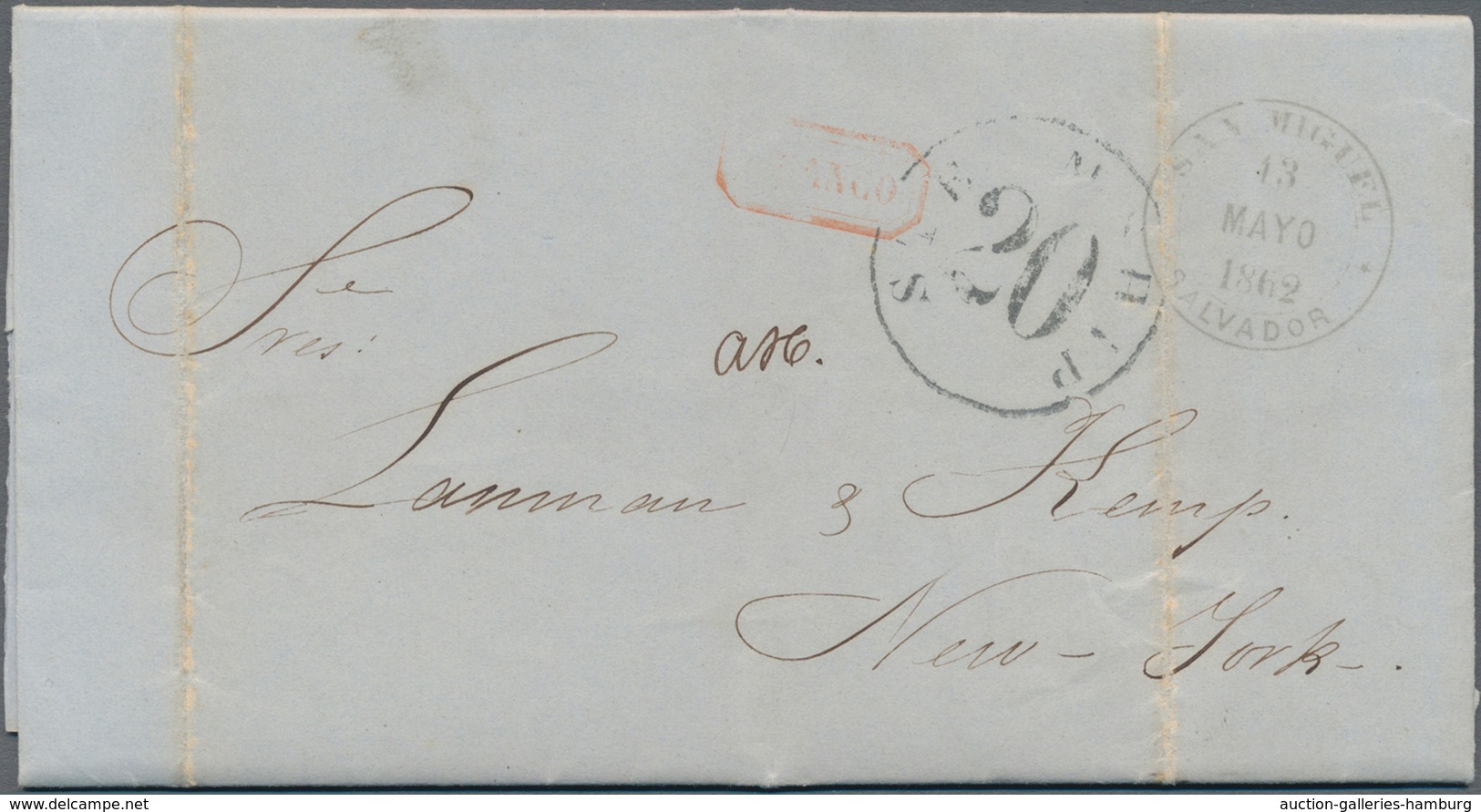 El Salvador: 1862, Folded Letter With Cds "SAN MIGUEL 13 MAYO 1862", Red "FRANCO" Addressed To New Y - El Salvador