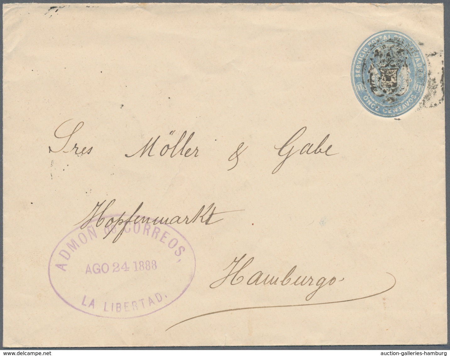 El Salvador - Ganzsachen: 1887 11 Centavos Blue Postal Stationery Envelope Without CONTAD MYOR On Fl - El Salvador