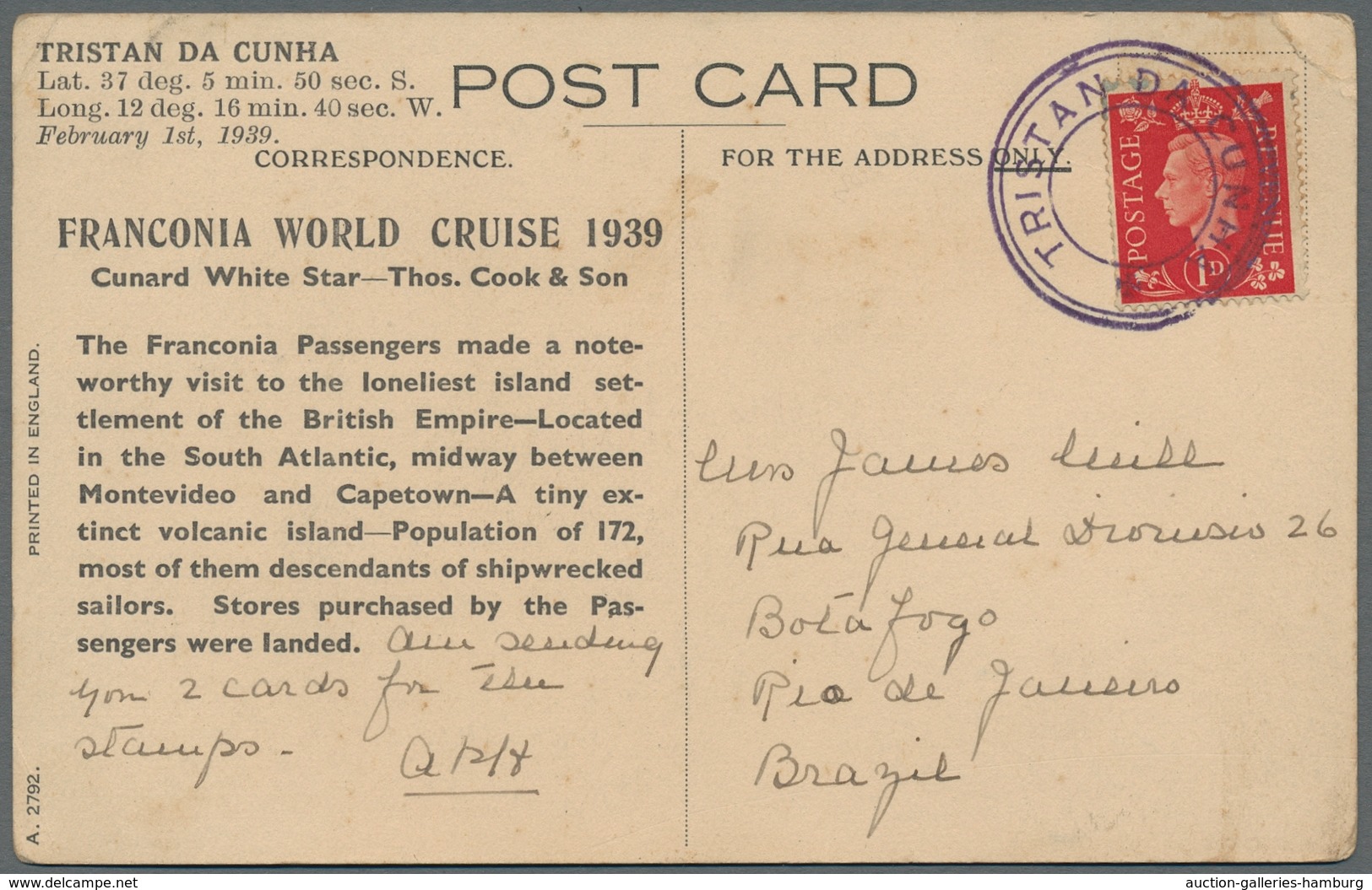 Tristan Da Cunha: 1939, Scarce Franconia World Cruise Greeting Card From Tristan Da Cunha To Brazil. - Tristan Da Cunha