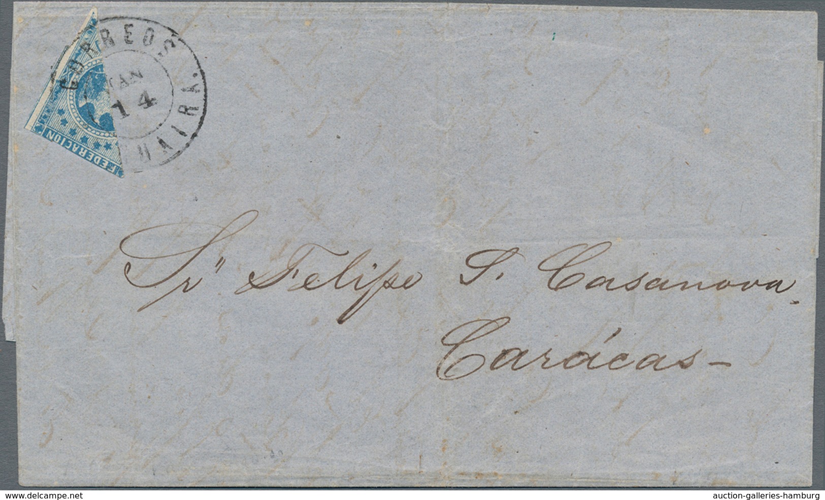 Venezuela: 1864, 1 Real Blue, Diagonally Bisected, Tied By Double Circle Dater CORREOS LA GUAIRA, JA - Venezuela