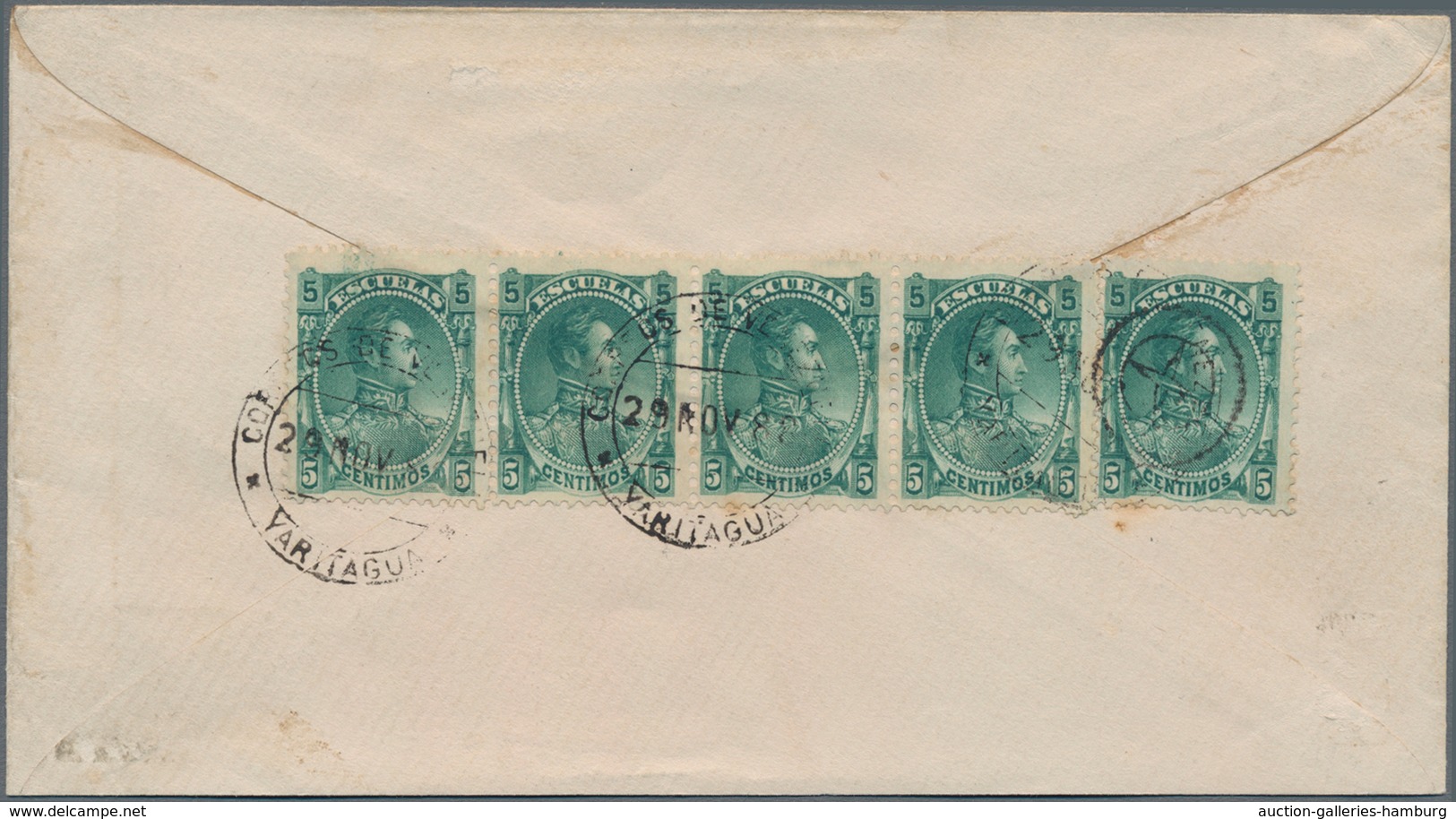 Venezuela: 1888, 5 Pieces Of 5 C. Tax Stamps (ESCUELAS) Used As Postage Stamps On Back Of A Cover Se - Venezuela