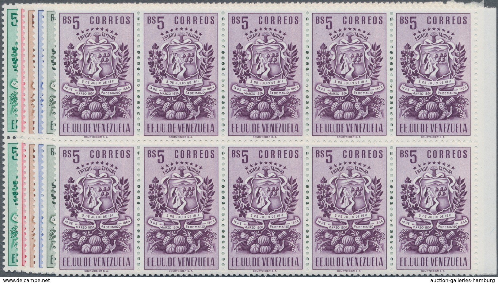 Venezuela: 1951, Coat Of Arms ‚TACHIRA‘ Normal Stamps Complete Set Of Seven In Blocks Of Ten From Ri - Venezuela