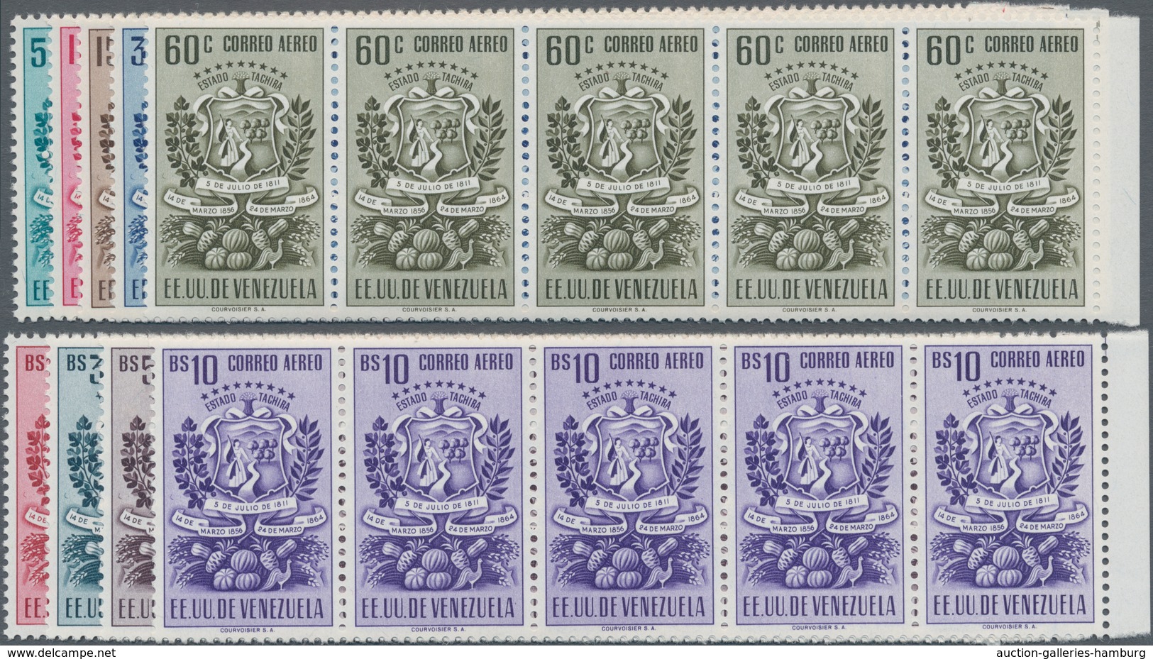 Venezuela: 1951, Coat Of Arms ‚TACHIRA‘ Airmail Stamps Complete Set Of Nine In Horiz. Strips Of Five - Venezuela