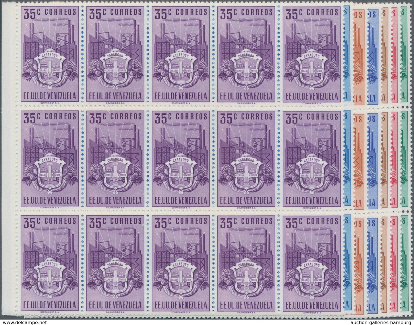 Venezuela: 1951, Coat Of Arms 'CARABOBO‘ Normal Stamps Complete Set Of Seven In Blocks Of 15 From Le - Venezuela