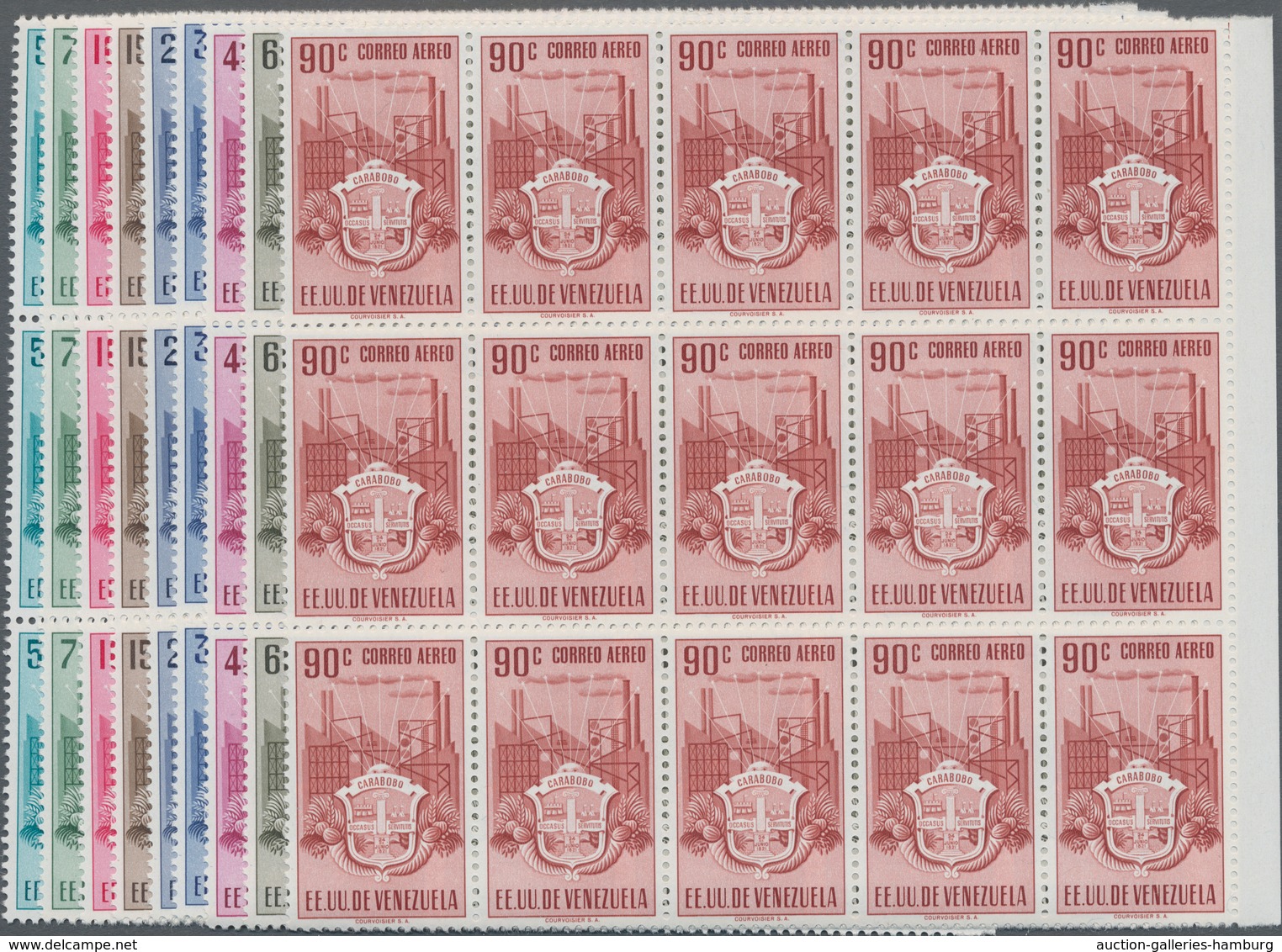 Venezuela: 1951, Coat Of Arms 'CARABOBO‘ Airmail Stamps Complete Set Of Nine In Blocks Of 15 From Ri - Venezuela