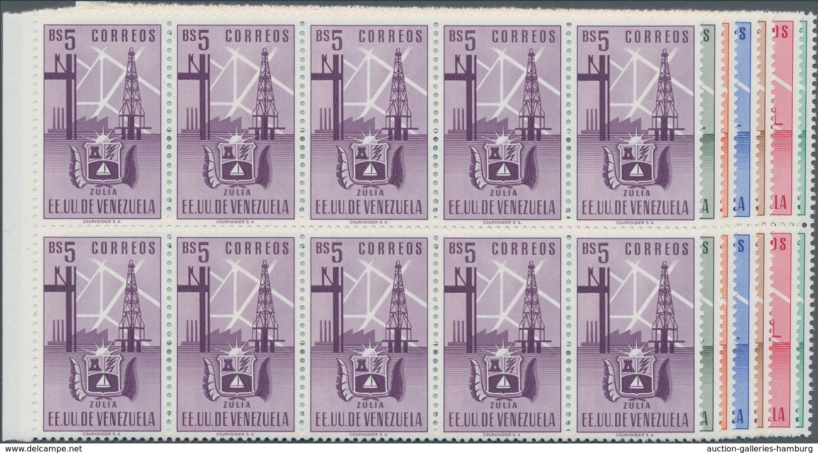 Venezuela: 1951, Coat Of Arms 'ZULIA‘ Normal Stamps Complete Set Of Seven In Blocks Of Ten From Left - Venezuela