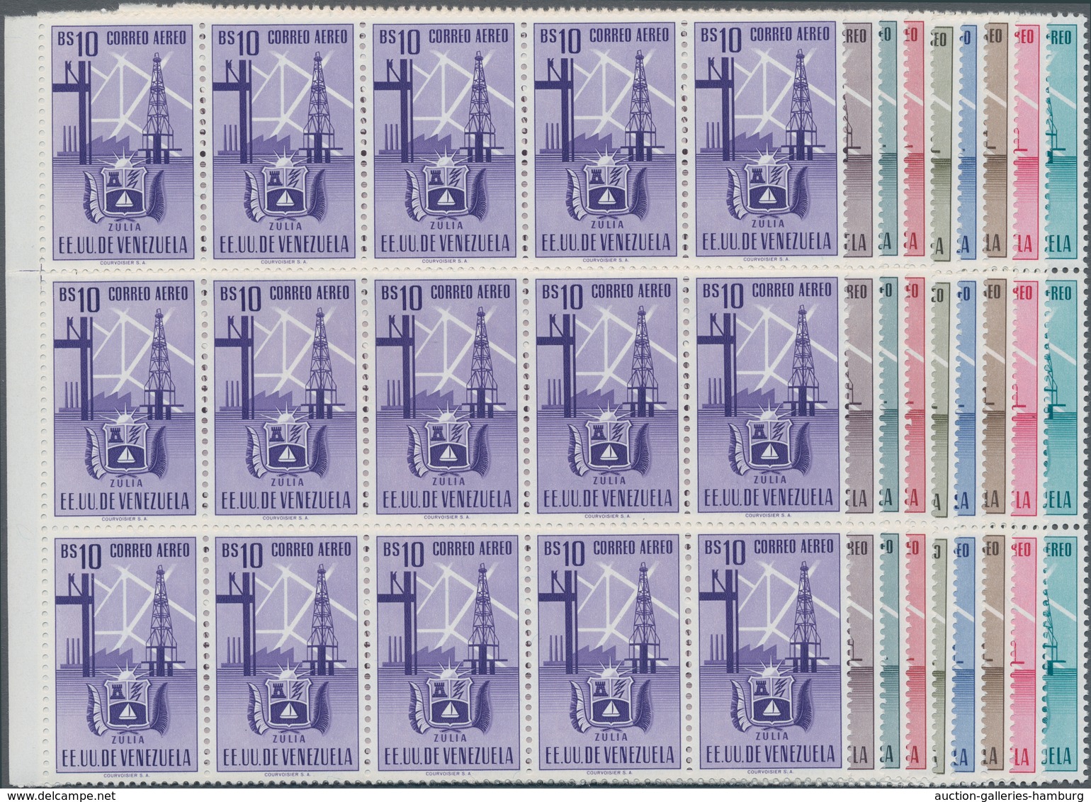 Venezuela: 1951, Coat Of Arms 'ZULIA‘ Airmail Stamps Complete Set Of Nine In Blocks Of 15 From Lower - Venezuela