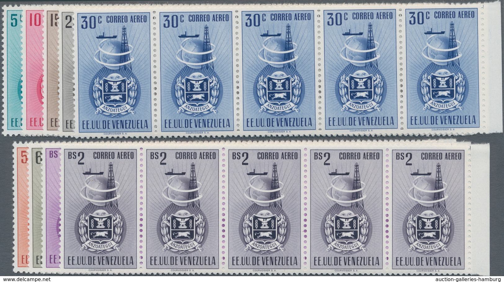 Venezuela: 1951, Coat Of Arms 'ANZOATEGUI‘ Airmail Stamps Complete Set Of Nine In Horiz. Strips Of F - Venezuela
