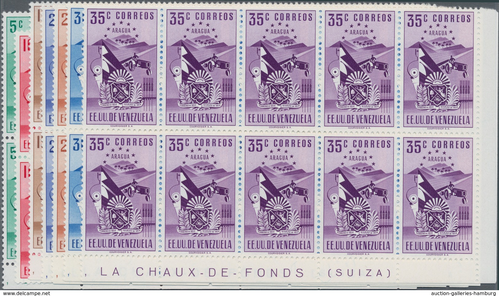 Venezuela: 1951, Coat Of Arms ‚ARAGUA‘ Normal Stamps Complete Set Of Seven In Blocks Of Ten From Rig - Venezuela