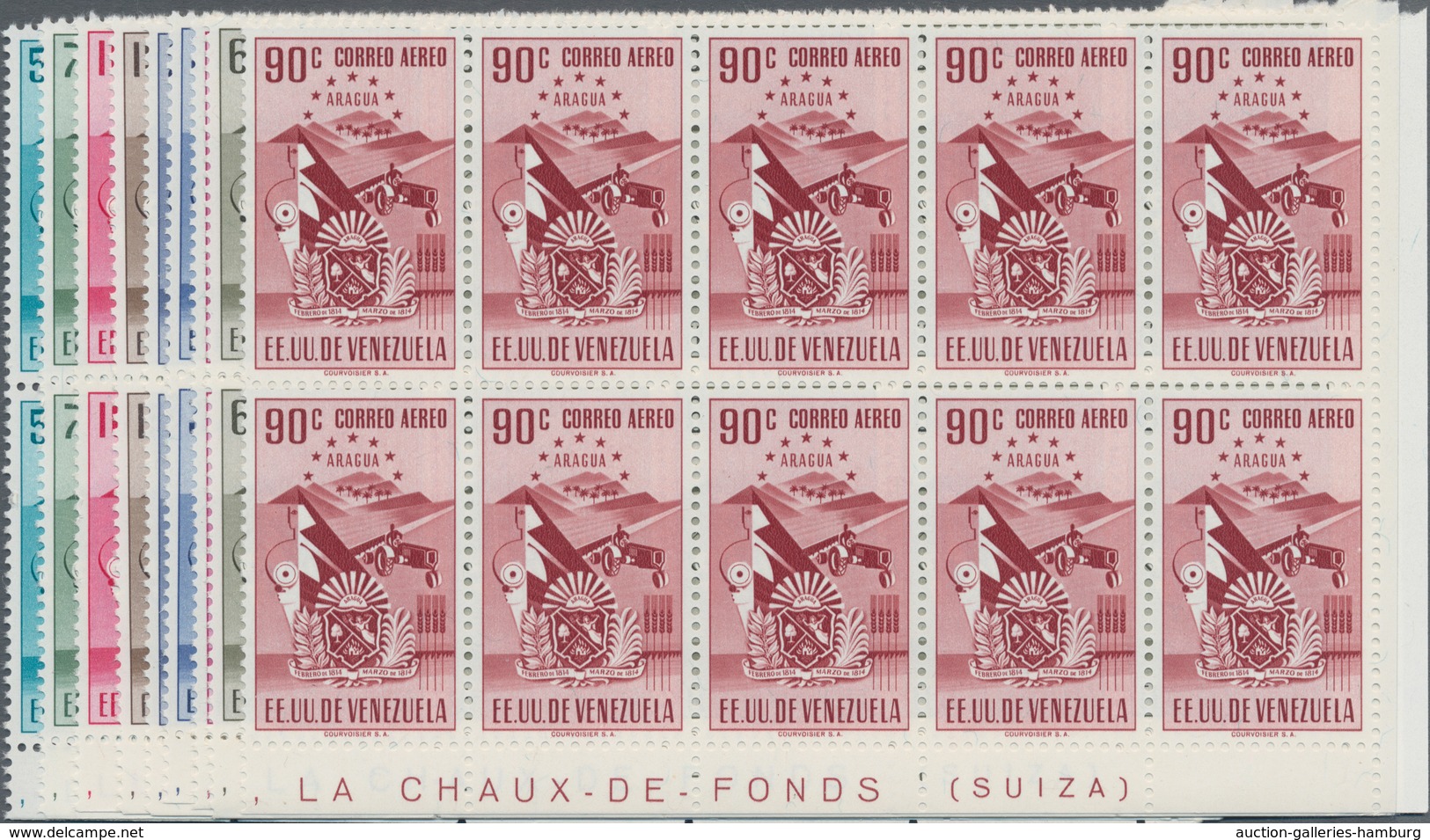 Venezuela: 1952, Coat Of Arms 'ARAGUA‘ Airmail Stamps Complete Set Of Nine In Blocks Of Ten From Low - Venezuela