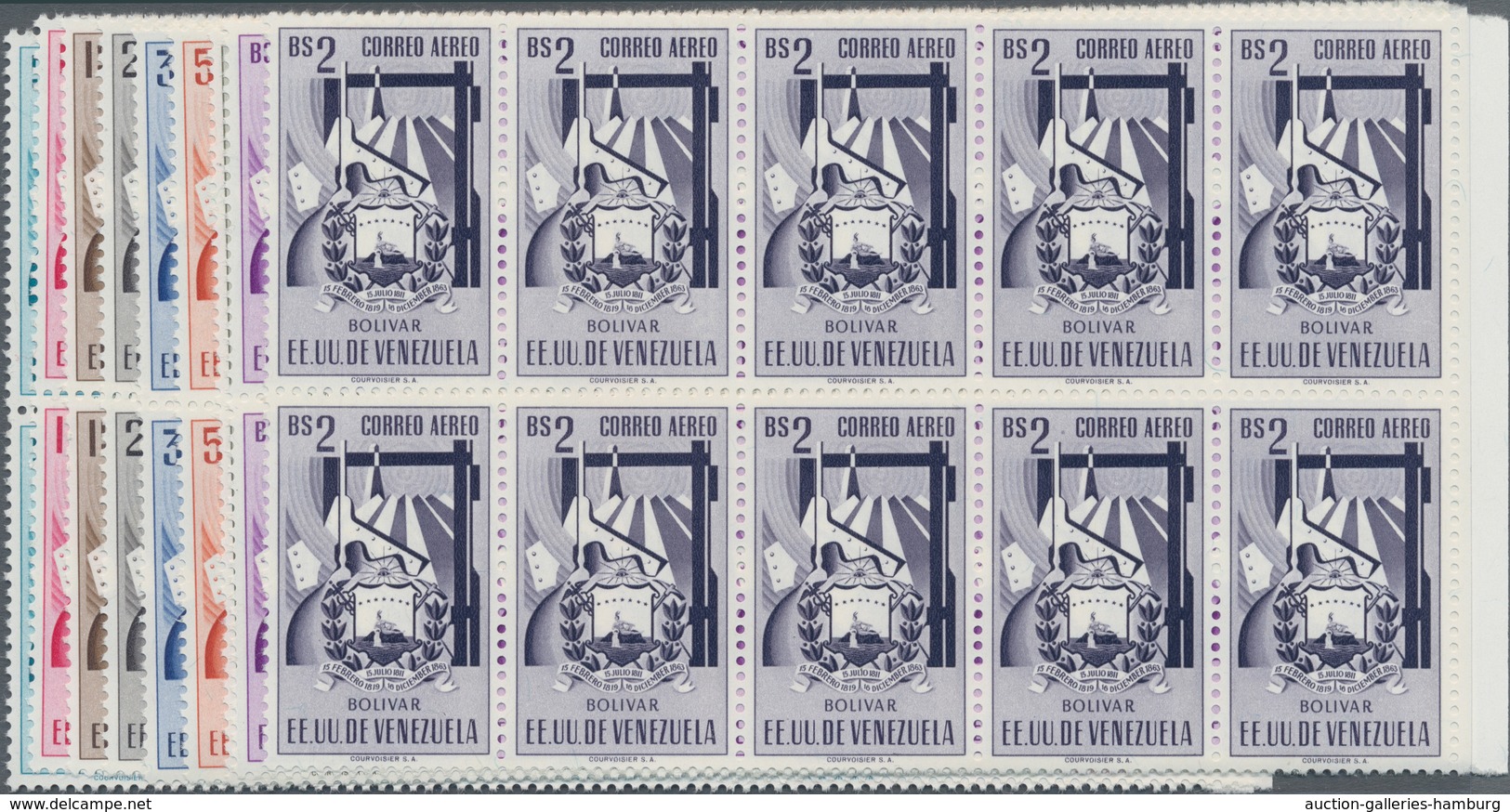 Venezuela: 1952, Coat Of Arms 'BOLIVAR‘ Airmail Stamps Complete Set Of Nine In Blocks Of Ten From Ri - Venezuela