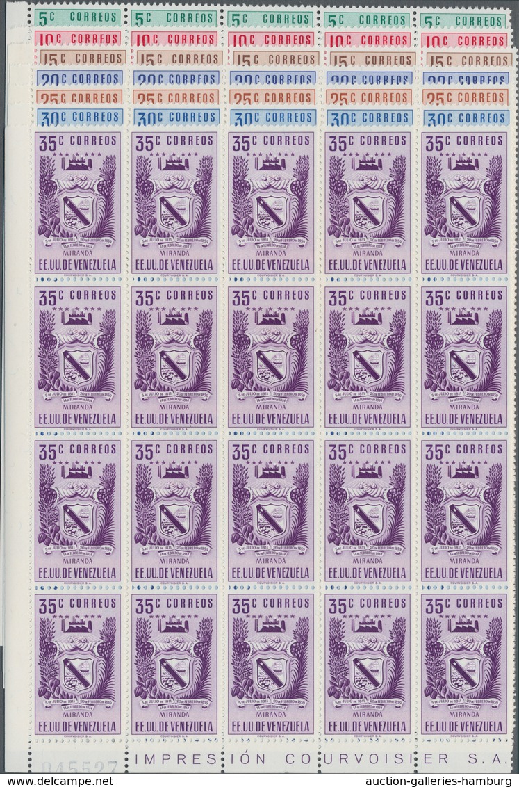 Venezuela: 1952, Coat Of Arms 'MIRANDA‘ Normal Stamps Complete Set Of Seven In Blocks Of 20 From Low - Venezuela