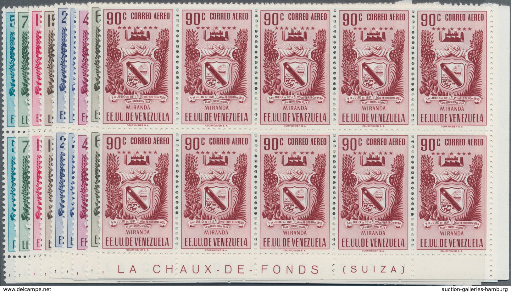 Venezuela: 1952, Coat Of Arms 'MIRANDA‘ Airmail Stamps Complete Set Of Nine In Blocks Of Ten From Lo - Venezuela