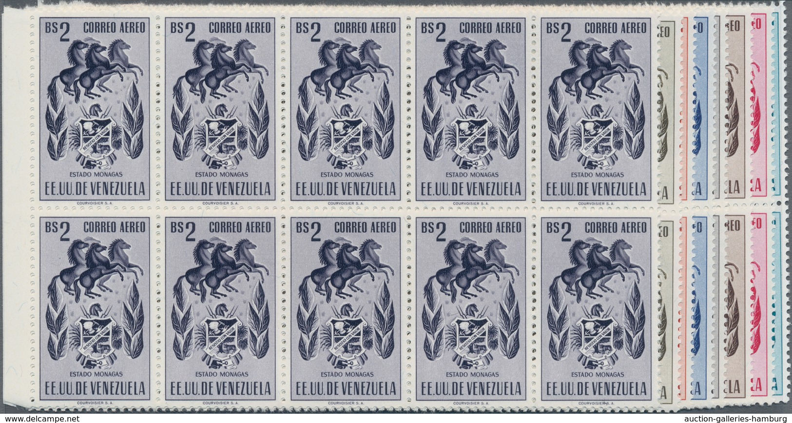 Venezuela: 1953, Coat Of Arms 'MONAGAS' Airmail Stamps Complete Set Of Nine In Blocks Of Ten From Le - Venezuela