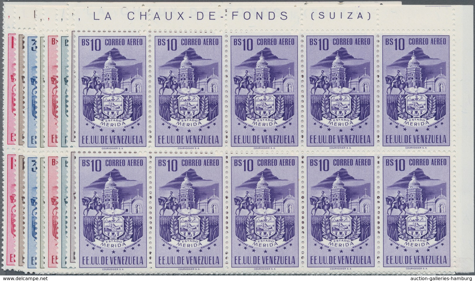 Venezuela: 1953, Coat Of Arms 'MERIDA‘ Airmail Stamps Complete Set Of Nine In Blocks Of Ten From Upp - Venezuela