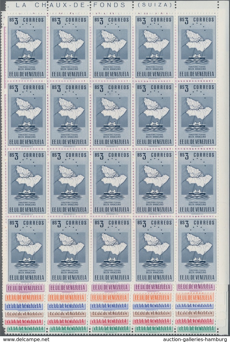 Venezuela: 1952, Coat Of Arms 'DELTA AMACURO‘ Normal Stamps Complete Set Of Seven In Blocks Of 20 Fr - Venezuela