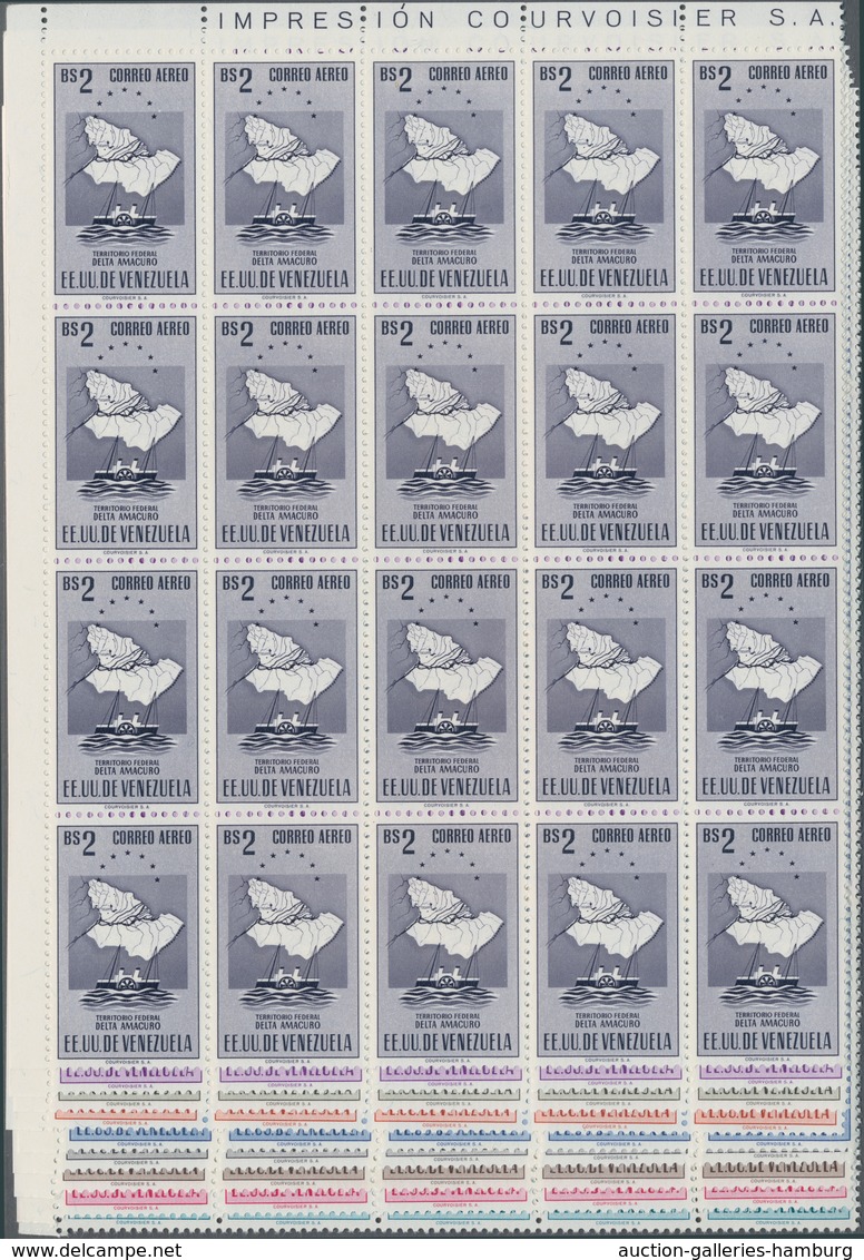 Venezuela: 1953, Coat Of Arms 'DELTA AMACURO‘ Airmail Stamps Complete Set Of Nine In Blocks Of 20 Fr - Venezuela