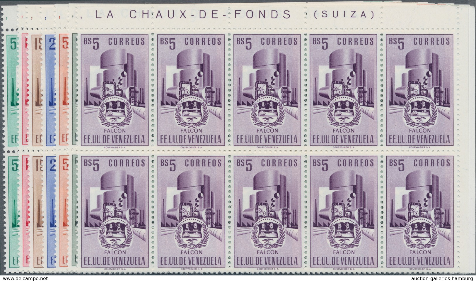 Venezuela: 1953, Coat Of Arms 'FALCON‘ Normal Stamps Complete Set Of Seven In Blocks Of Ten From Upp - Venezuela