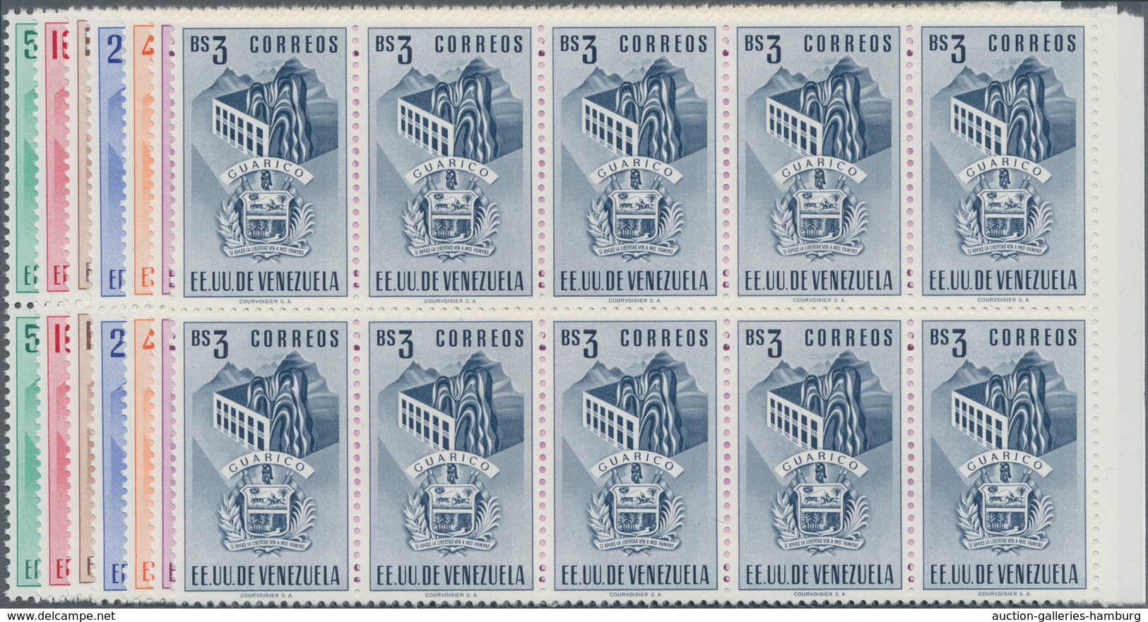 Venezuela: 1953, Coat Of Arms 'GUARICO‘ Normal Stamps Complete Set Of Seven In Blocks Of Ten From Ri - Venezuela