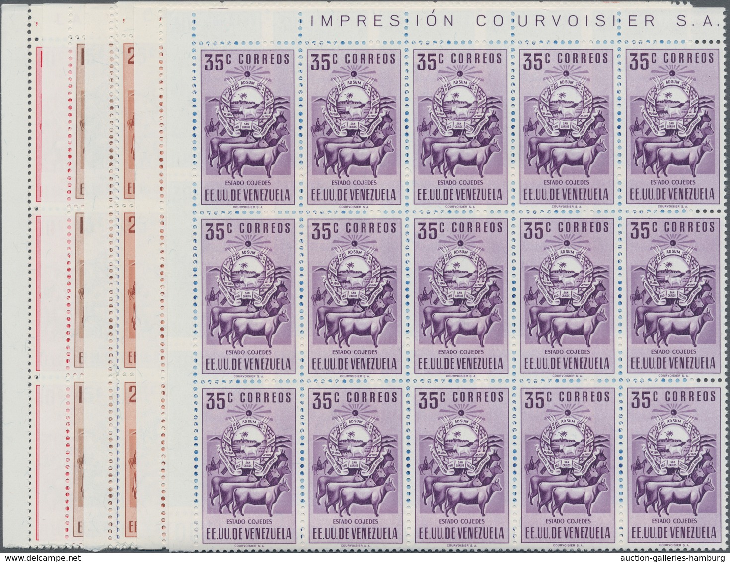 Venezuela: 1953, Coat Of Arms 'COJEDES' Normal Stamps Complete Set Of Seven In Blocks Of 15 From Dif - Venezuela