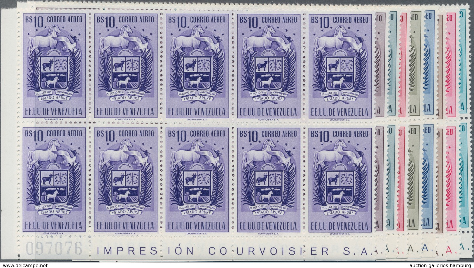 Venezuela: 1953, Coat Of Arms 'APURE‘ Airmail Stamps Complete Set Of Nine In Blocks Of Ten From Lowe - Venezuela