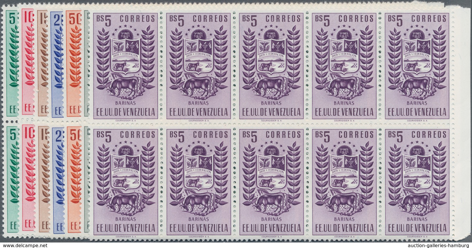 Venezuela: 1953, Coat Of Arms 'BARINAS‘ Normal Stamps Complete Set Of Seven In Blocks Of Ten From Ri - Venezuela
