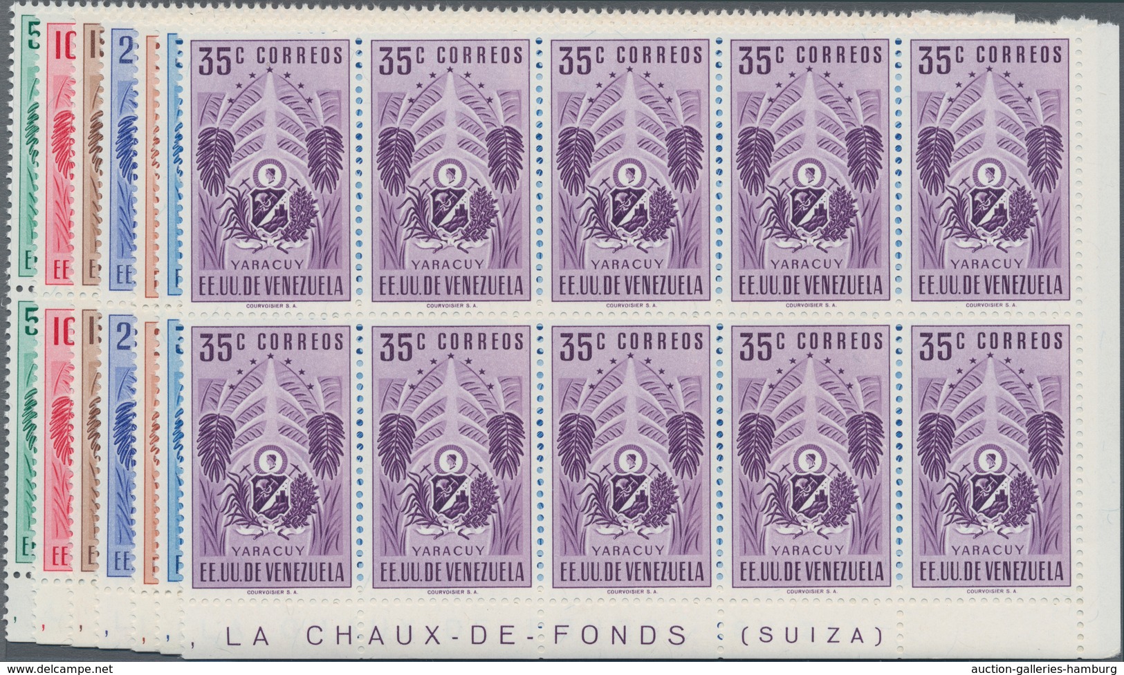 Venezuela: 1953, Coat Of Arms 'YARACUY‘ Normal Stamps Complete Set Of Seven In Blocks Of Ten From Lo - Venezuela