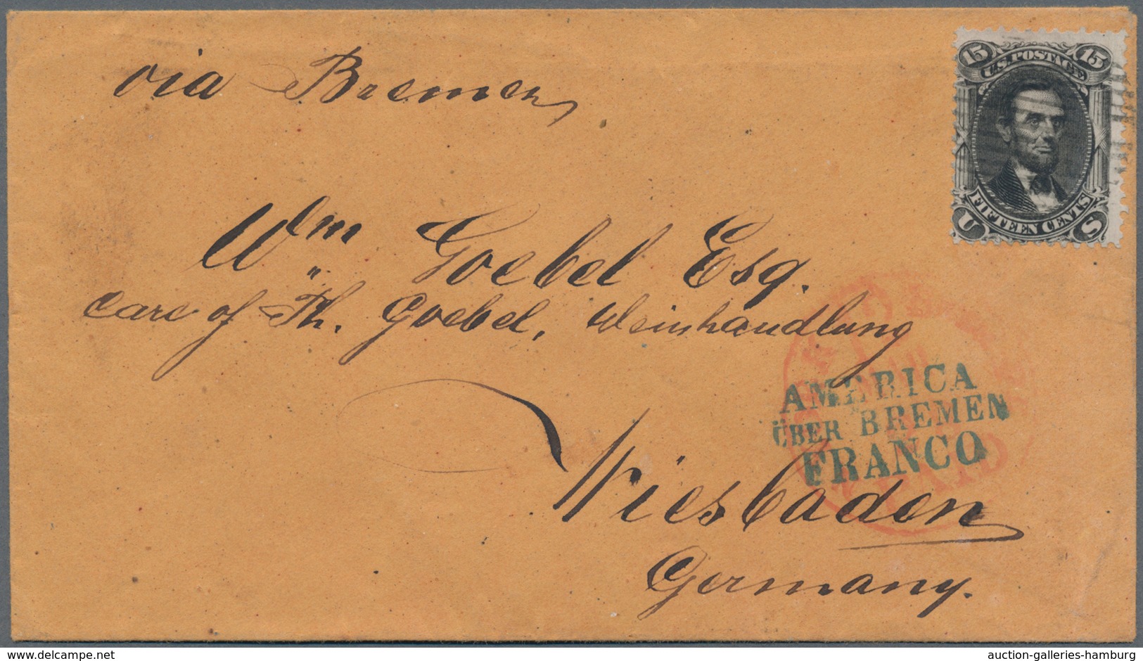 Vereinigte Staaten Von Amerika: 1867, Transatlantic Letter Fanked With 15 C. Lincoln Sent By BREMEN - Autres & Non Classés