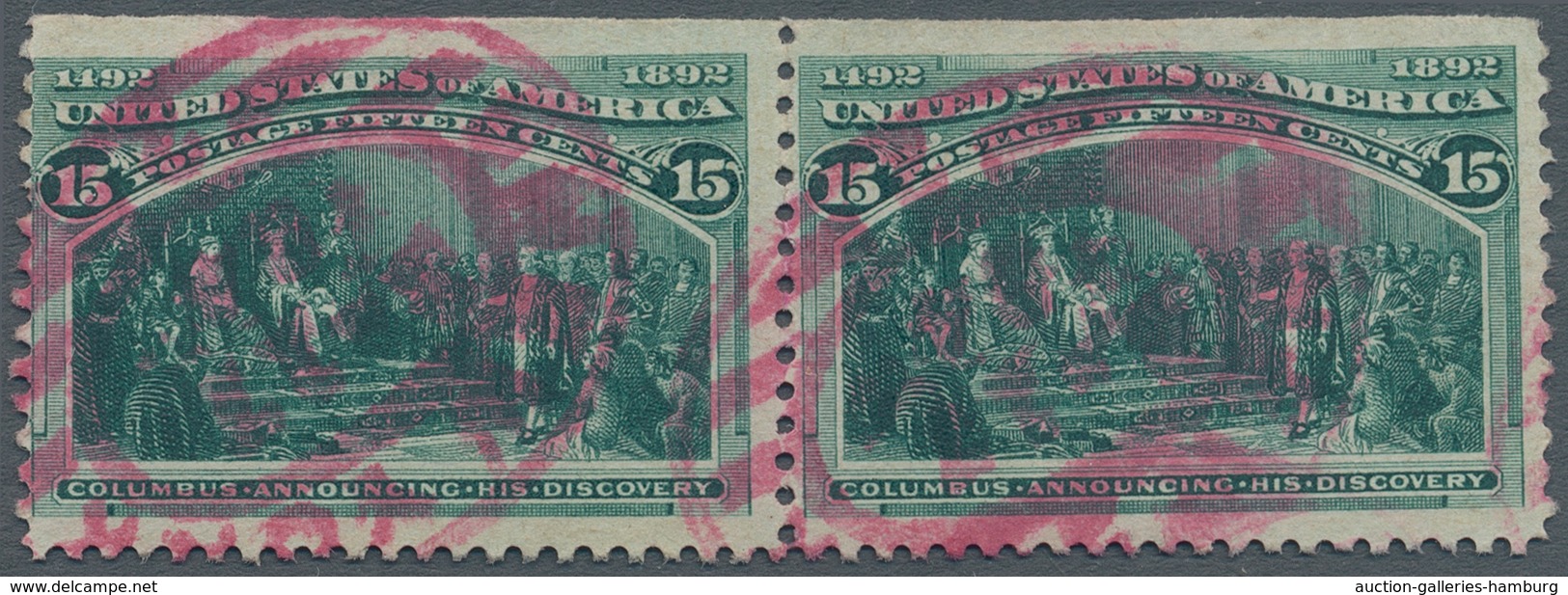 Vereinigte Staaten Von Amerika: 1893, 15 Cent Columbus, Horizontal Pair With Red NEW YORK Oval Cance - Sonstige & Ohne Zuordnung