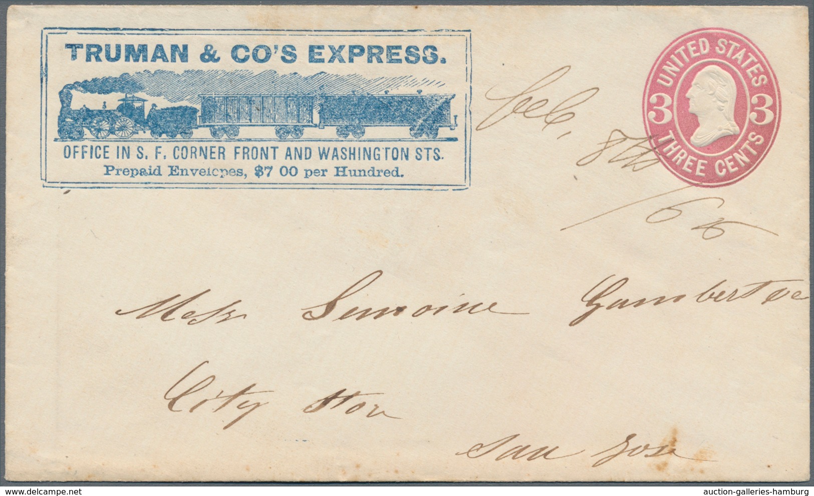 Vereinigte Staaten Von Amerika - Ganzsachen: 1866, TRUMAN & CO'S EXPRESS, 3 C. Stationery Envelope W - Autres & Non Classés