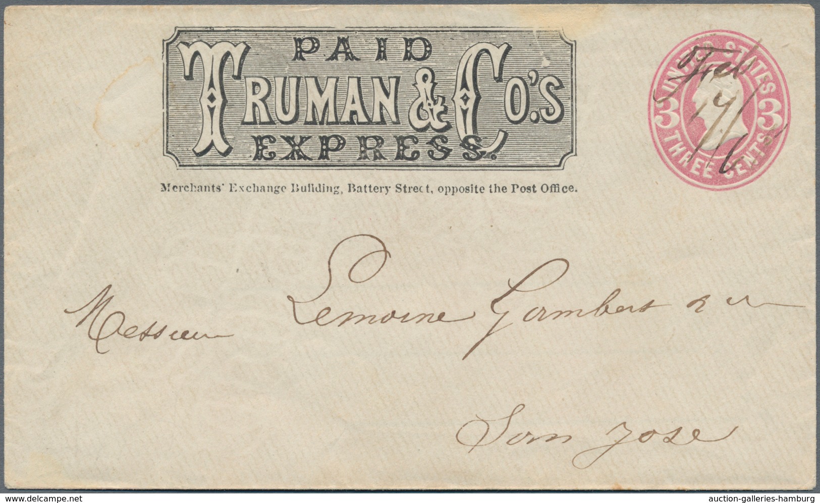 Vereinigte Staaten Von Amerika - Ganzsachen: 1866, 3 C. Stationery Envelope With Imprint "PAID TRUMA - Sonstige & Ohne Zuordnung