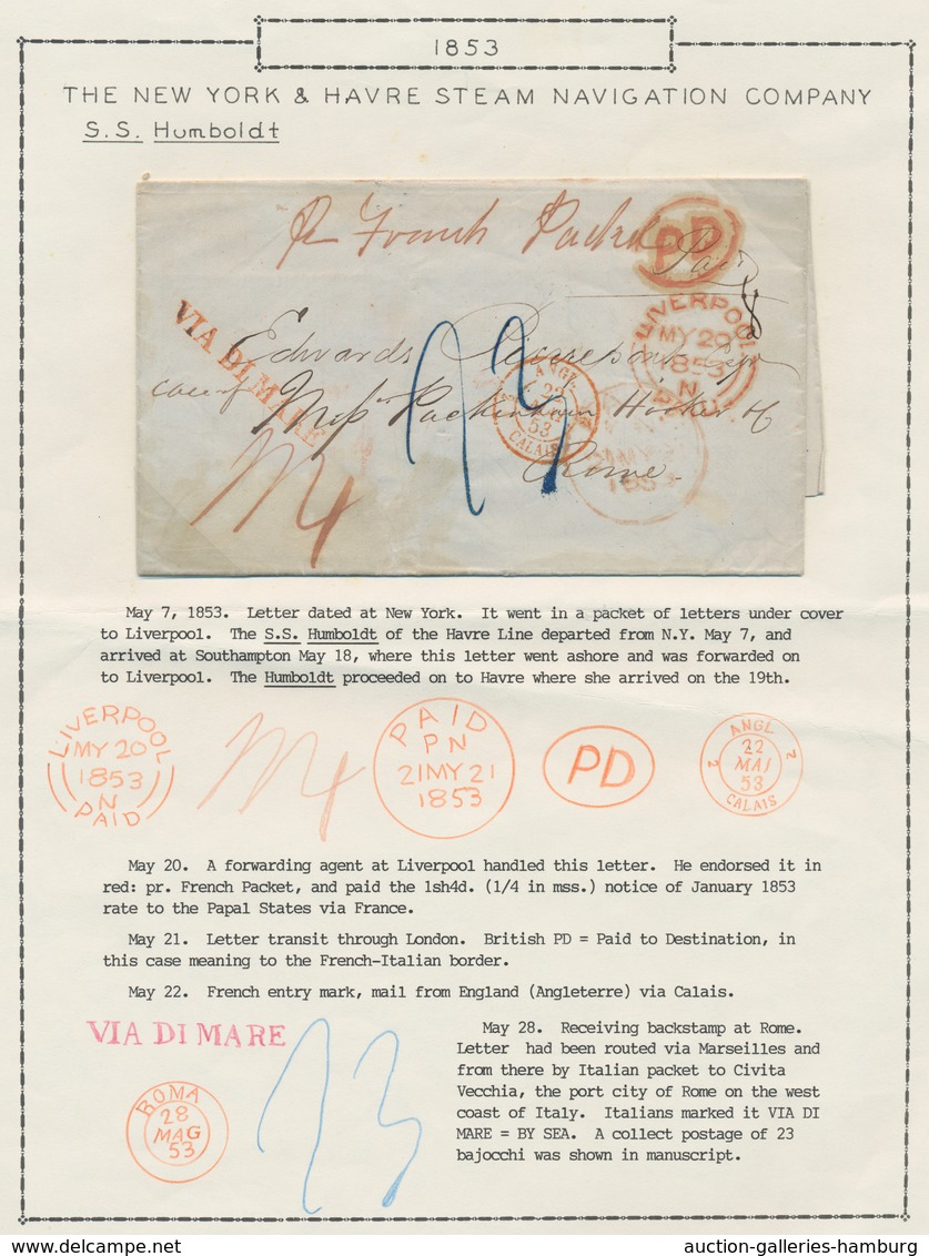 Transatlantikmail: 1853 Stampless Cover From New York To Rome 'Per French Packet' Via Liverpool And - Otros - Europa