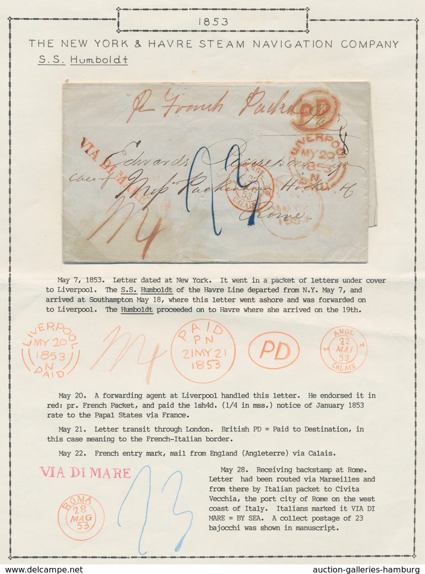 Transatlantikmail: 1853 Stampless Cover From New York To Rome 'Per French Packet' Via Liverpool And - Europe (Other)