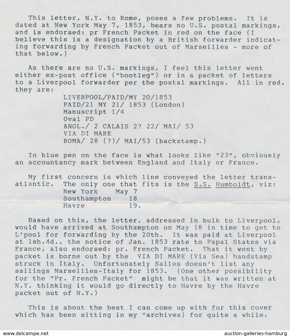 Transatlantikmail: 1853 Stampless Cover From New York To Rome 'Per French Packet' Via Liverpool And - Sonstige - Europa
