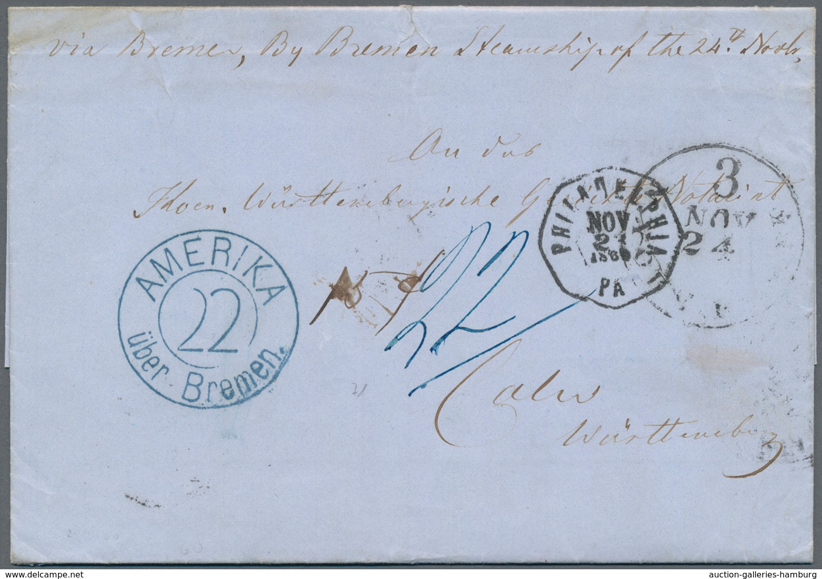 Transatlantikmail: 1860, Brief Von PHILADELPHIA über New York, Bremen, Frankfurt, Stuttgart Nach Cal - Sonstige - Europa
