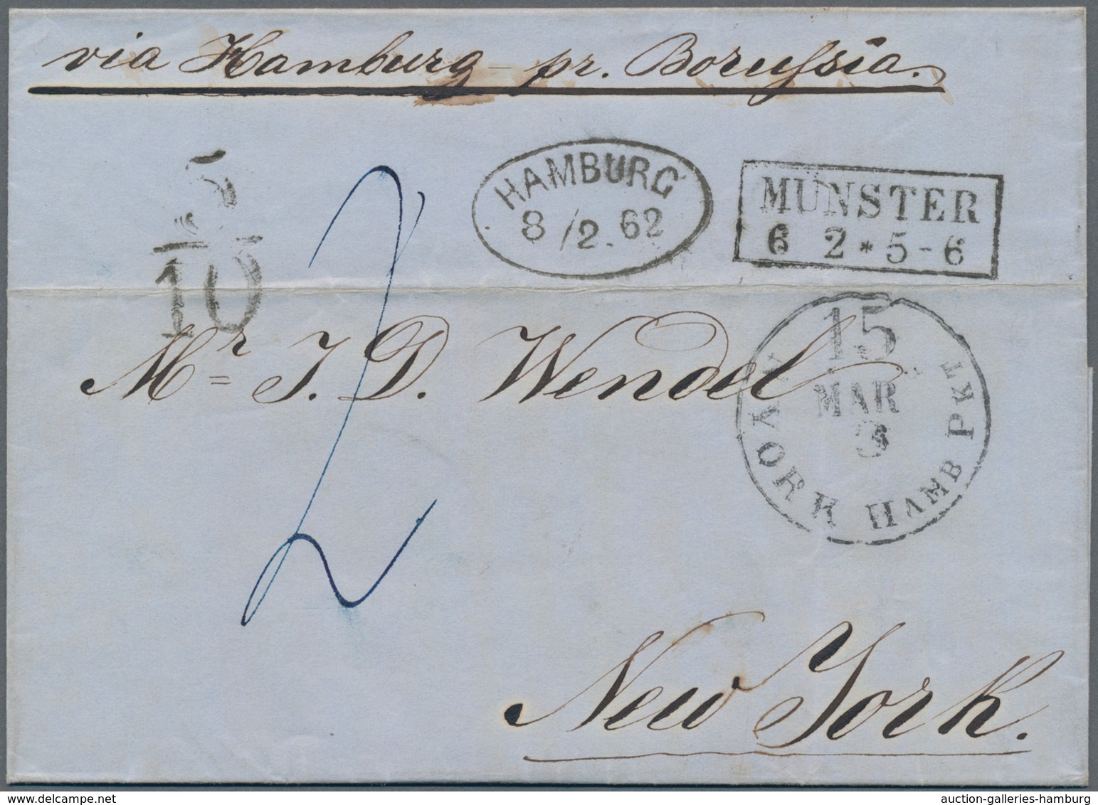 Transatlantikmail: 1862, Faltbrief Von MÜNSTER Via HAMBURG Per "Borussia" (Hamburg-America-Linie) Na - Altri - Europa