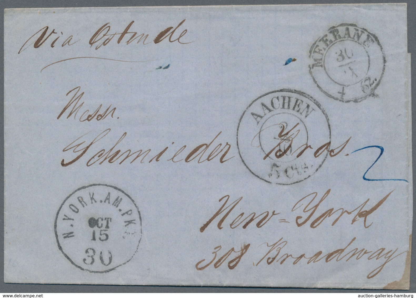 Transatlantikmail: 1862, Faltbrief Ab MEERANE über Aachen, Ostenede, Dover, London, Southampton Nach - Europe (Other)