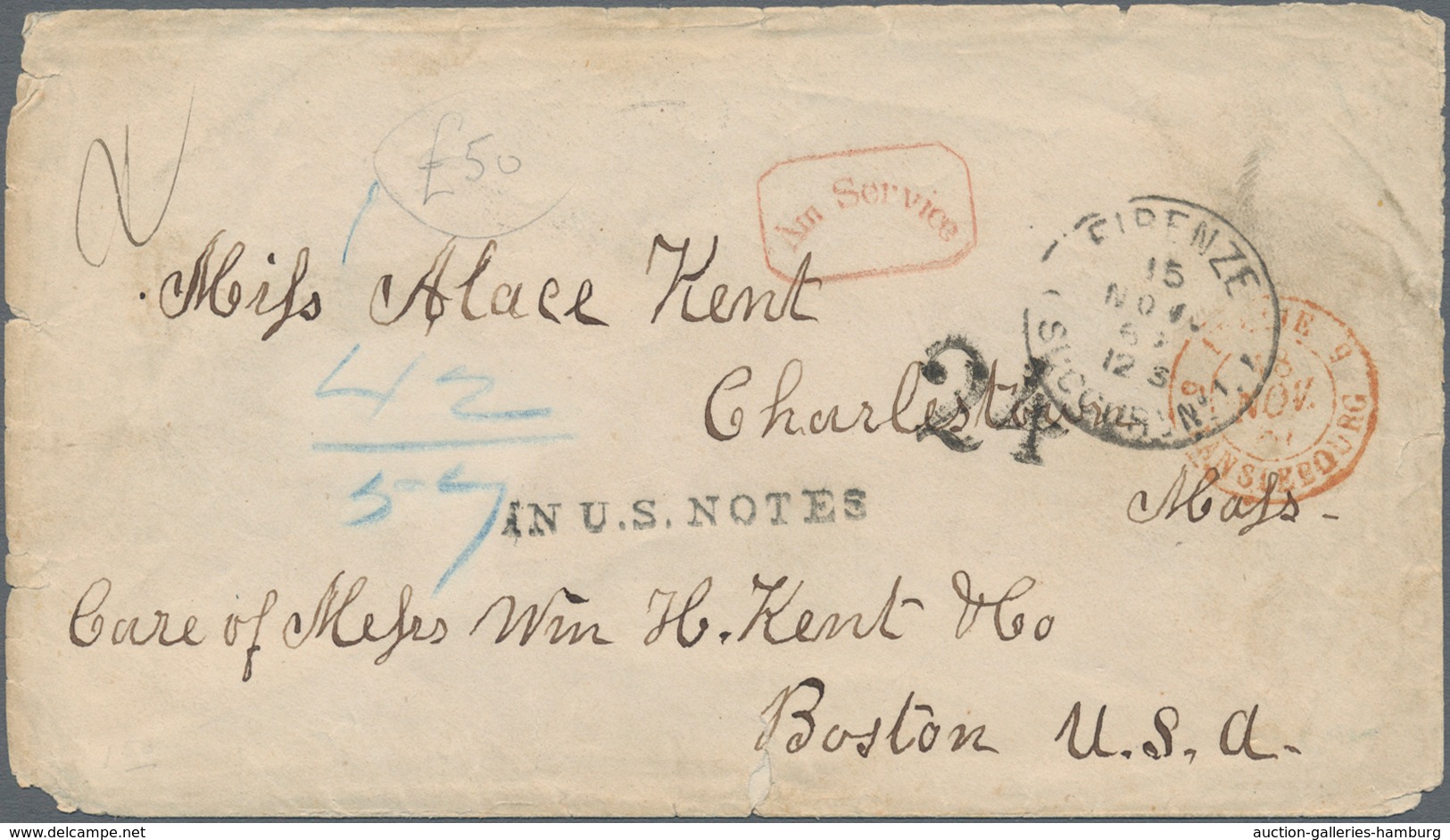 Transatlantikmail: 1868, Letter Sent From FIRENZE Via France To Boston, USA With Red Boxed "AM Servi - Sonstige - Europa