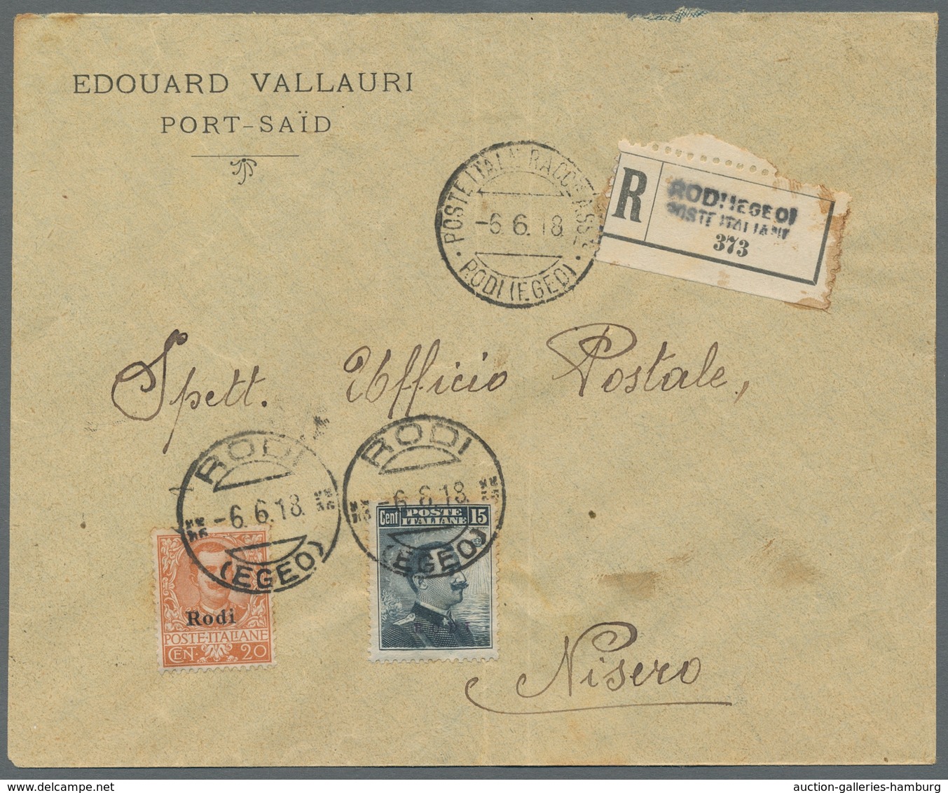 Ägäische Inseln: 1912, "15 C. Slate And 20 C. Brown Orange" Mixed Franking On Registered Letter RODI - Egeo