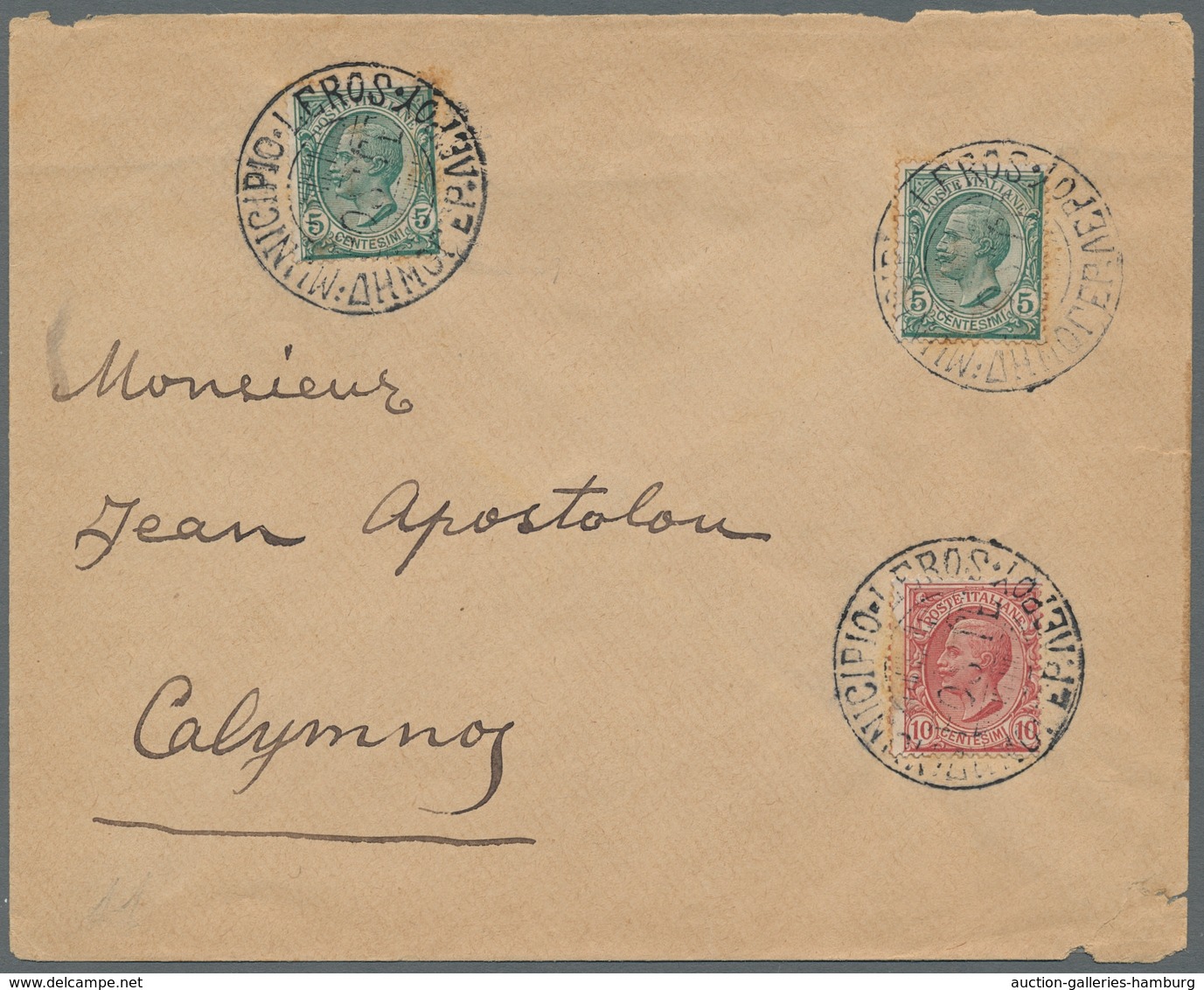 Ägäische Inseln: 1912, Italy Michel 88 (2) And 89 As Mixed Franking On Cover With Bilingual MUNCIPIO - Egeo