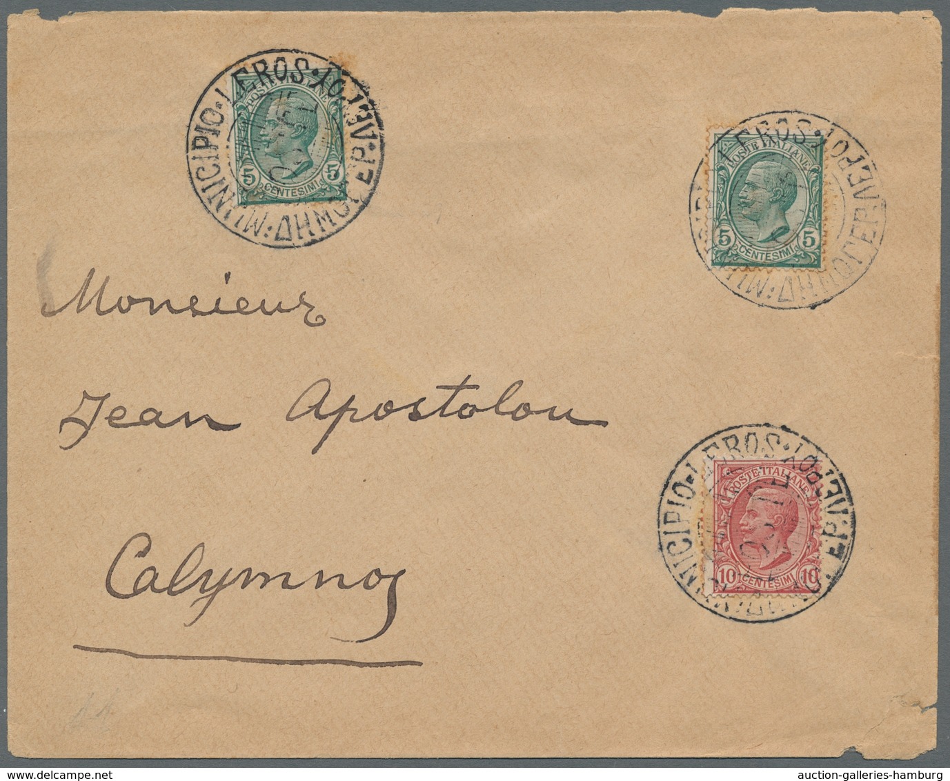 Ägäische Inseln: 1912, Italy Michel 88 (2) And 89 As Mixed Franking On Cover With Bilingual MUNCIPIO - Aegean