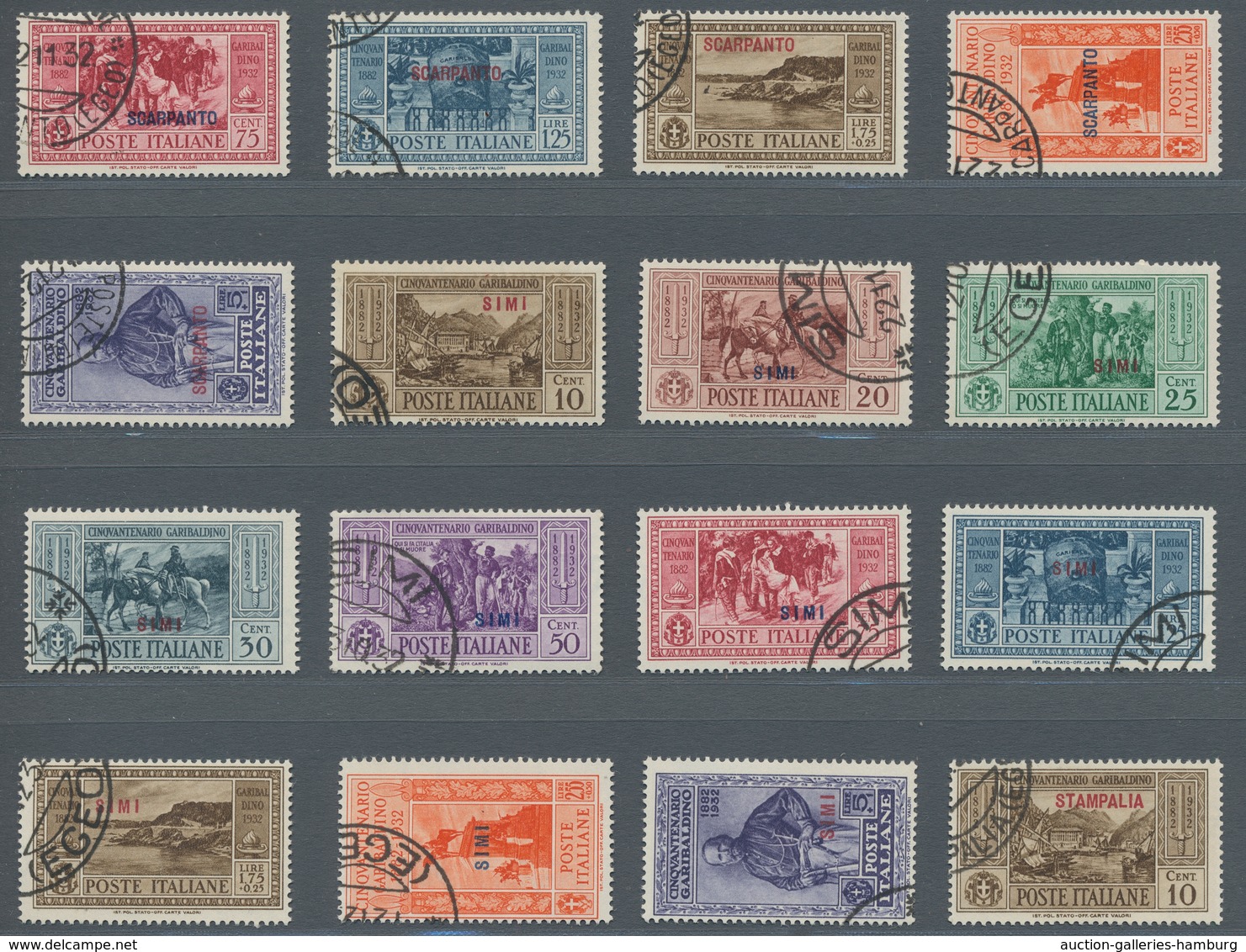 Ägäische Inseln: 1932, "Garibaldi with all island overprints", used sets in very fine condition. In